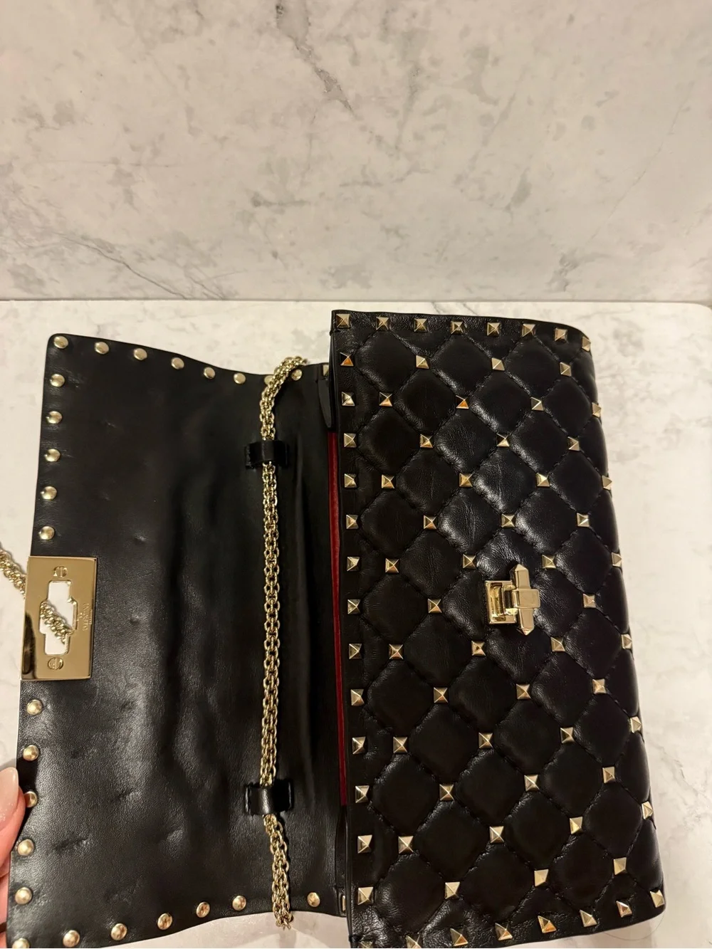 Valentino Garavani Black Quilted Studded Clutch - chain with Gold Hardware